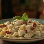 Marry Me Chicken Pasta with sun-dried tomatoes and parmesan in a rustic bowl
