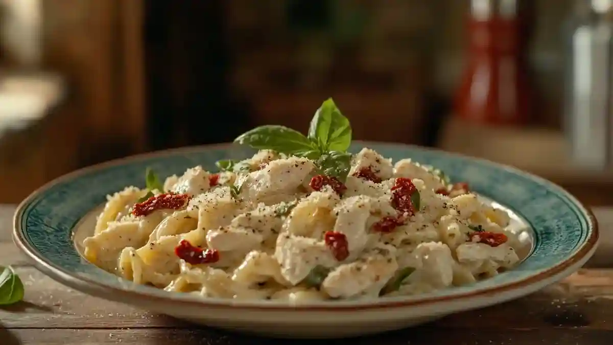 Marry Me Chicken Pasta with sun-dried tomatoes and parmesan in a rustic bowl