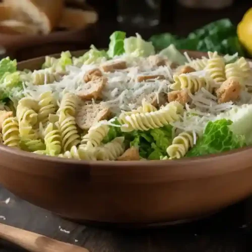 Caesar pasta salad in wooden bowl with Parmesan and croutons