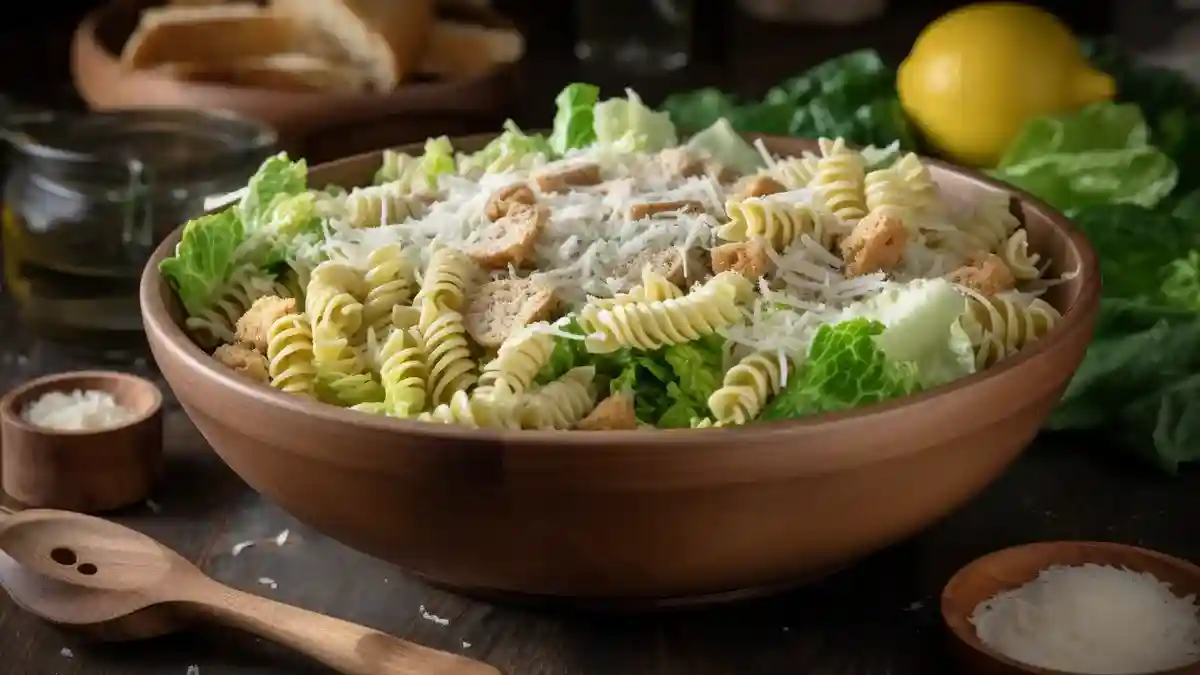 Caesar pasta salad in wooden bowl with Parmesan and croutons
