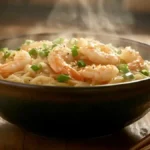 Garlic noodles with shrimp served in a bowl with chopsticks