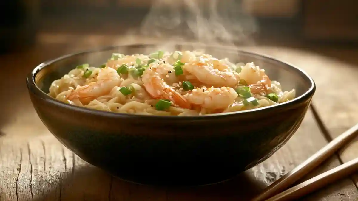 Garlic noodles with shrimp served in a bowl with chopsticks