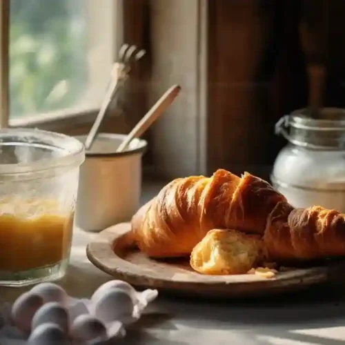 Basic egg wash recipe in a bowl with croissants
