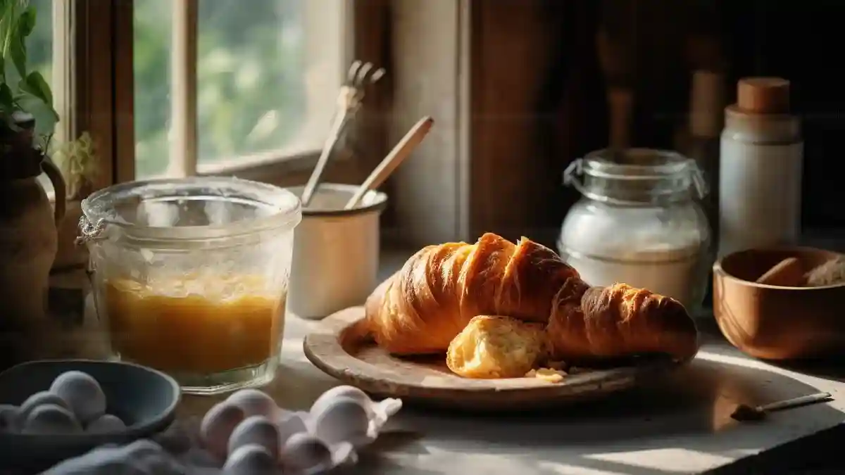 Basic egg wash recipe in a bowl with croissants