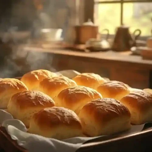 A tray of freshly baked homemade dinner rolls on a rustic table