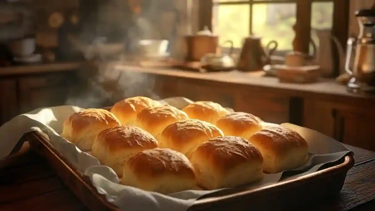 A tray of freshly baked homemade dinner rolls on a rustic table