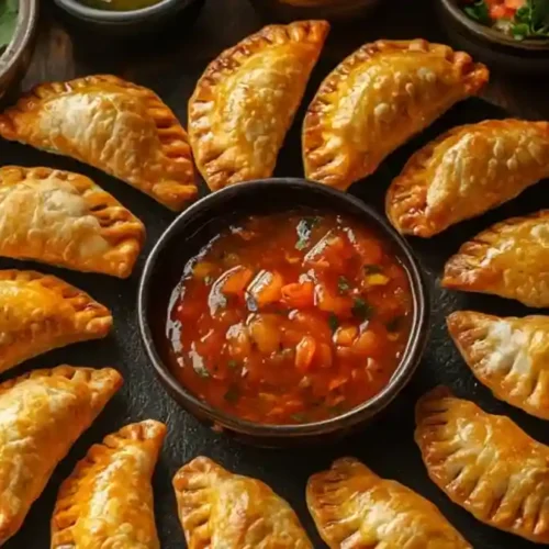 Golden mini chicken empanadas served with dipping sauces