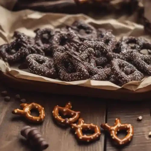 Chocolate covered pretzels on parchment paper