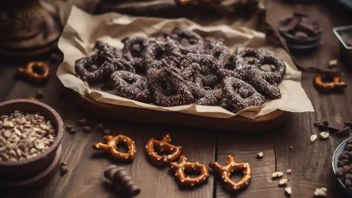 Chocolate covered pretzels on parchment paper