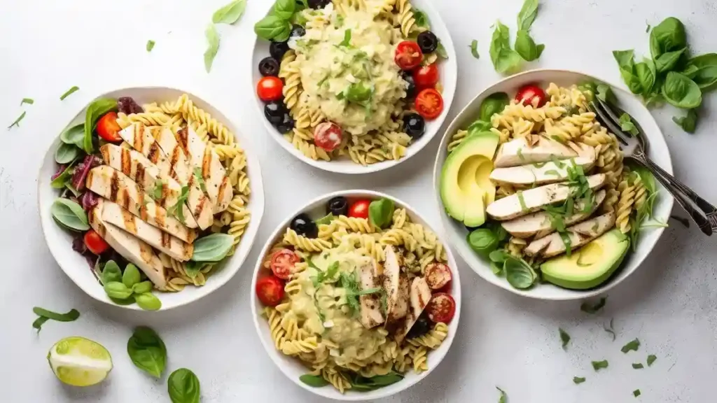 Caesar pasta salad in different variations including chicken and vegan