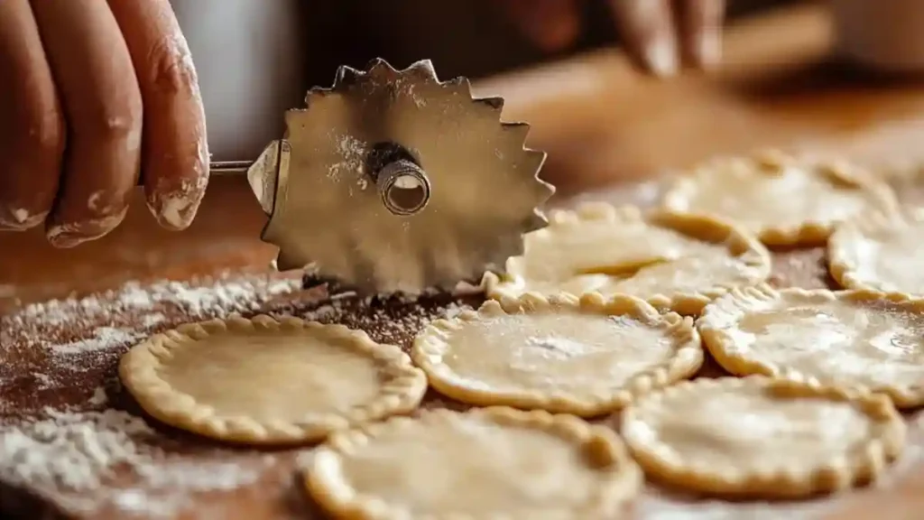 Empanada dough being cut with a biscuit cutter