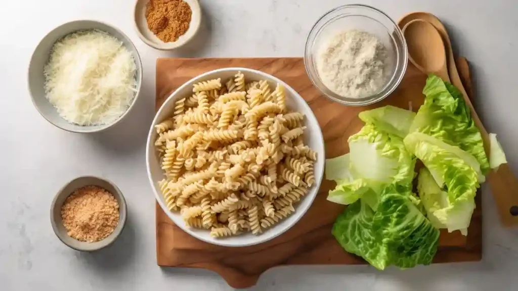Ingredients for Caesar pasta salad arranged on a counter