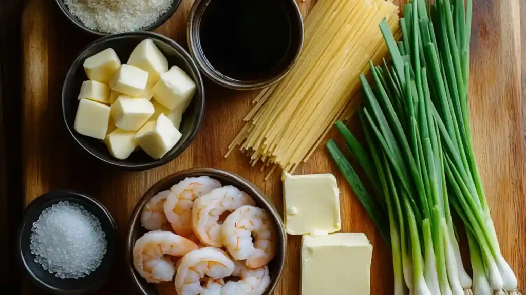 Ingredients for garlic noodles with shrimp laid out on a board