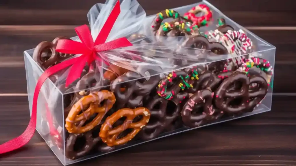 Gift-wrapped chocolate pretzels in cellophane bags