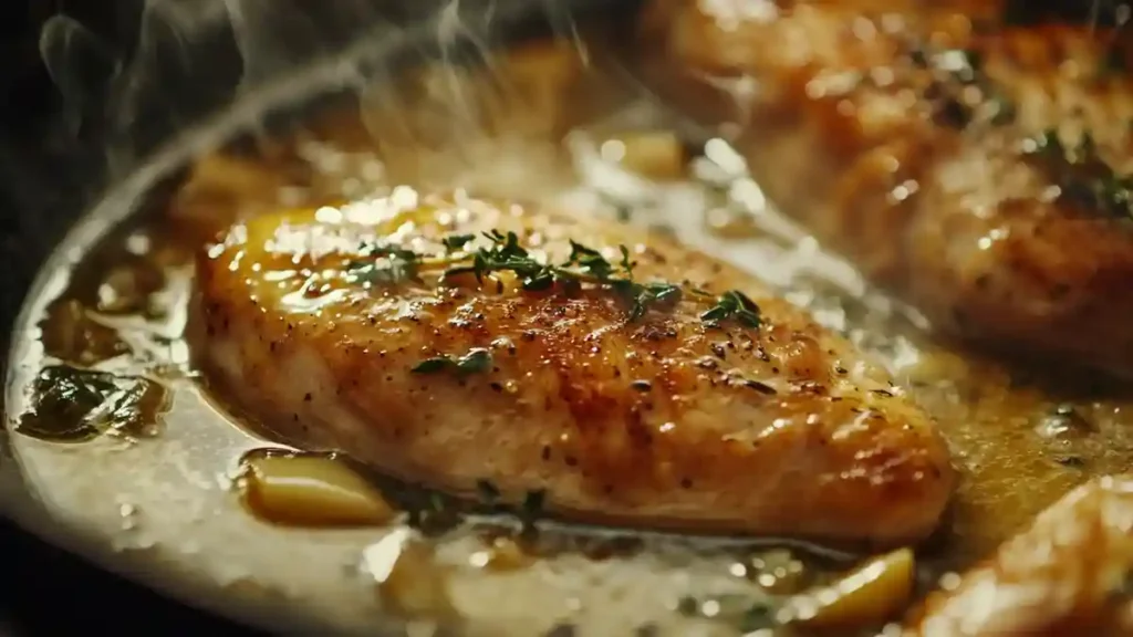 Chicken breasts searing in a skillet for Marry Me Chicken