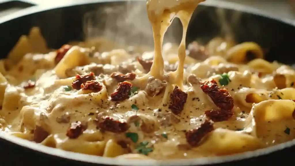 Pouring sun-dried tomato cream sauce over pasta