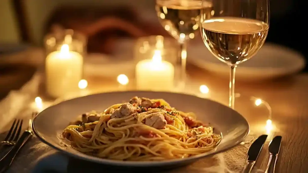 Romantic dinner setup with Marry Me Chicken Pasta and wine