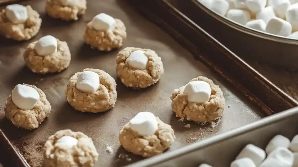 Cookie dough with marshmallow filling before baking