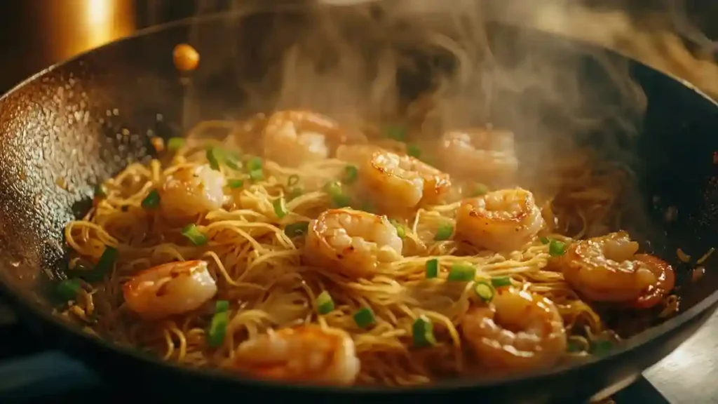 Stirring garlic shrimp noodles in a skillet with sauce