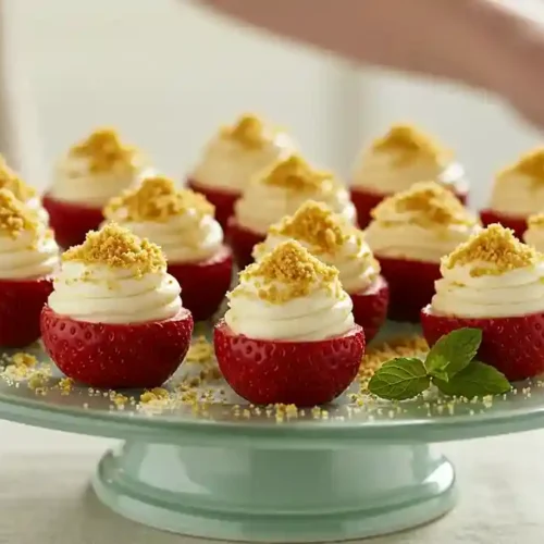 Cheesecake-filled strawberries topped with graham crumbs served on a glass dessert stand