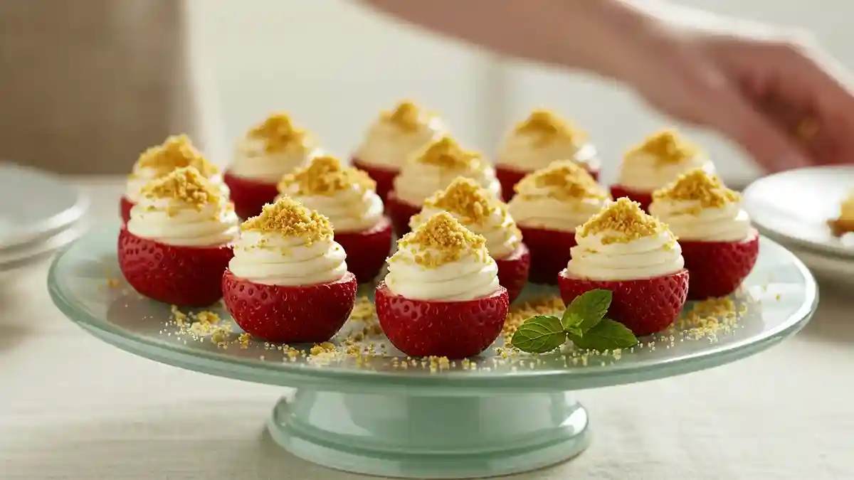 Cheesecake-filled strawberries topped with graham crumbs served on a glass dessert stand
