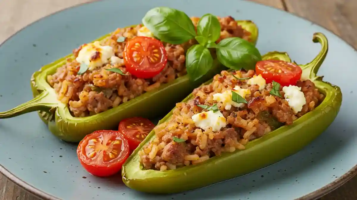 Italian-style stuffed Cubanelle peppers with rice, ground meat, and cheese