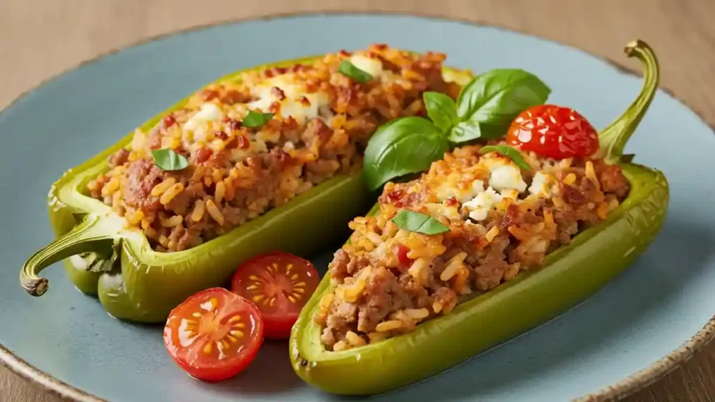 Italian-style stuffed Cubanelle peppers topped with cherry tomatoes and fresh basil