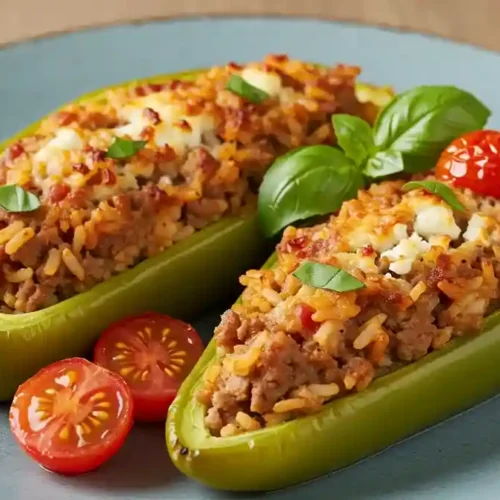 Italian-style stuffed Cubanelle peppers topped with cherry tomatoes and fresh basil