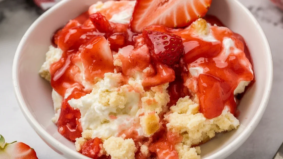 Strawberry cheesecake dump cake with cream cheese, yellow cake mix, and pie filling.