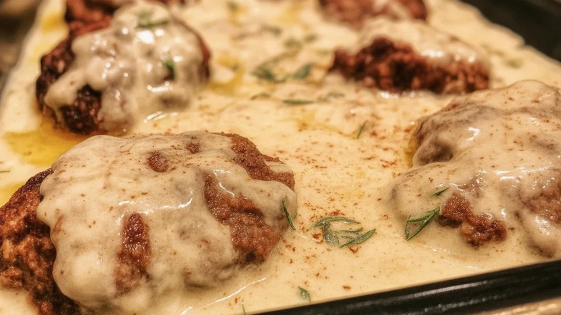 Comforting Amish Hamburger Steak Bake served over egg noodles with rich gravy