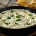 Creamy Monterey Jack Cheese Queso Dip served in a cast-iron skillet