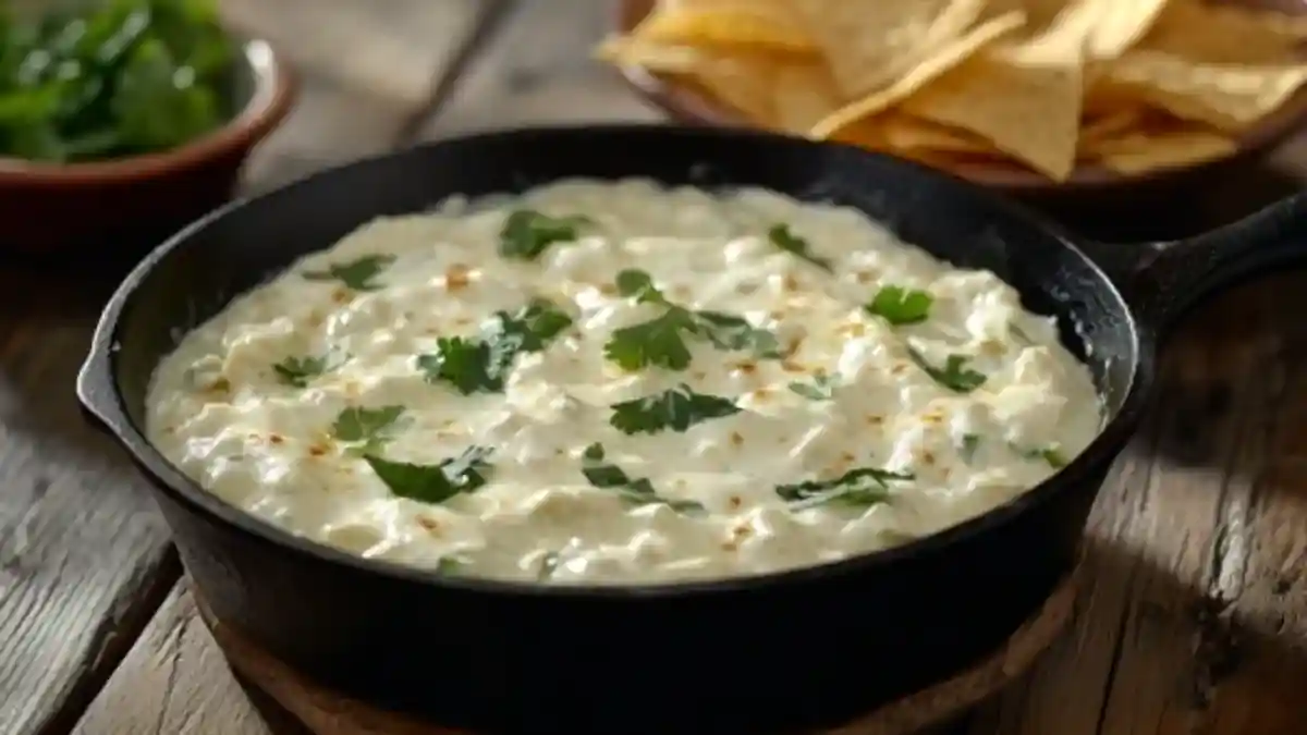 Creamy Monterey Jack Cheese Queso Dip served in a cast-iron skillet