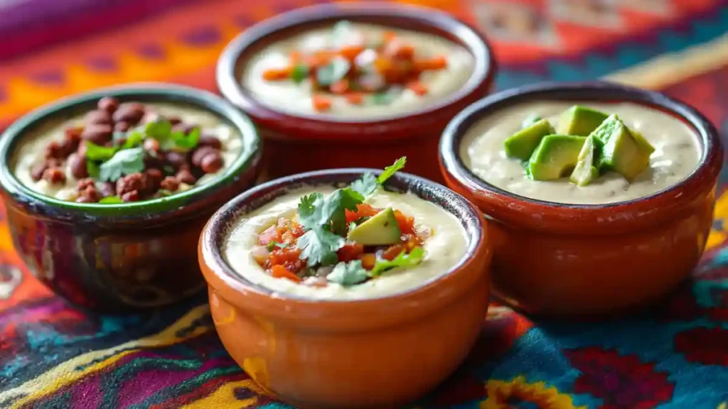 Queso dip variations in bowls with colorful garnishes