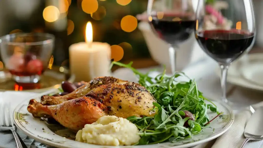 Grouse Parmesan served with wine and salad