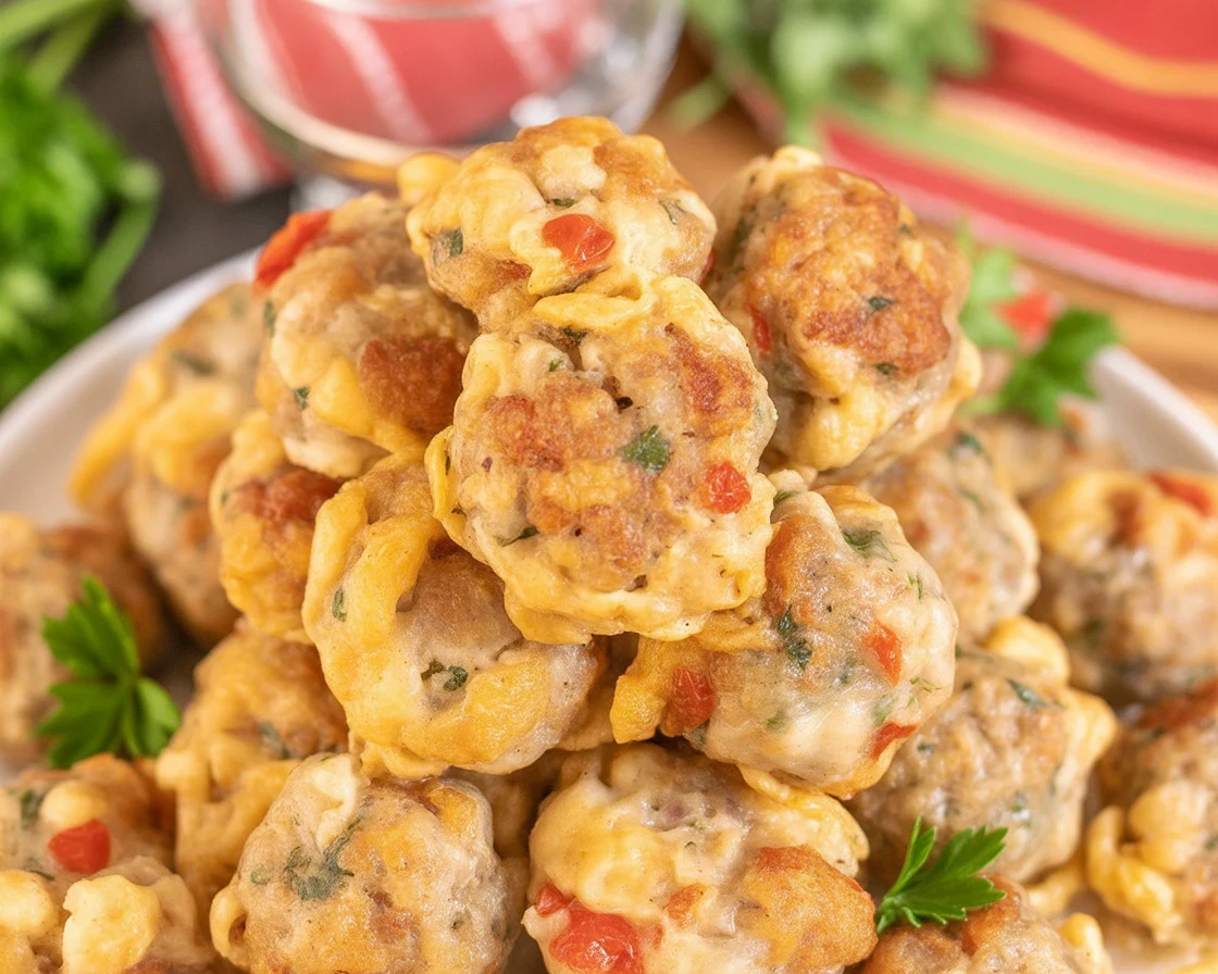 Delicious Rotel cream cheese sausage balls served on a platter at a party