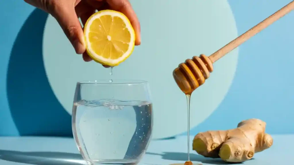 Lemon being squeezed into water with honey and ginger – ingredients for a natural Mounjaro health drink