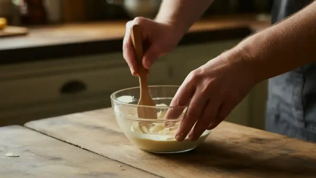 Hands stirring ingredients in a glass bowl with a wooden spoon – preparation step for natural Mounjaro recipe
