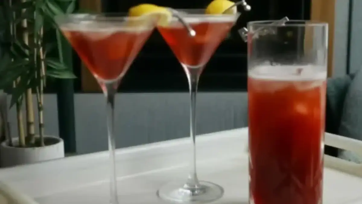 Two Madras cocktails with lemon garnish on a table, next to a pitcher of red drink