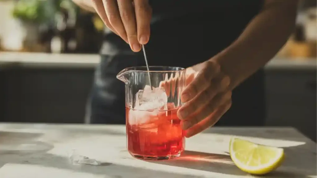 Person stirring a Madras cocktail with ice in a glass beaker on a kitchen counter