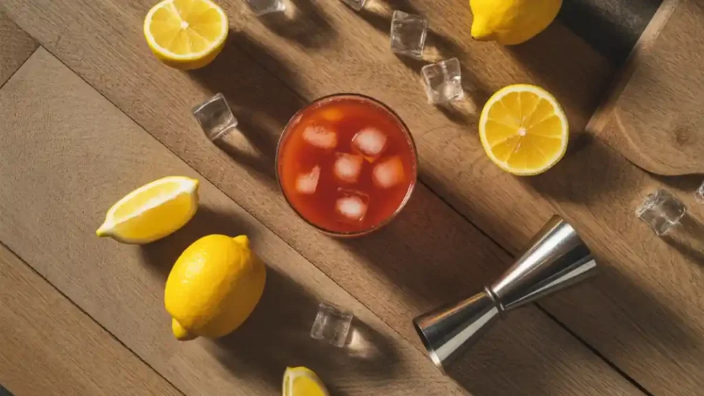 Top view of a Madras cocktail with lemons, ice cubes, and a jigger on a wooden surface