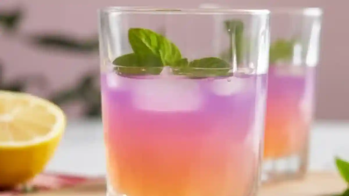 Gradient purple and orange detox drink served with mint leaves in a clear glass.