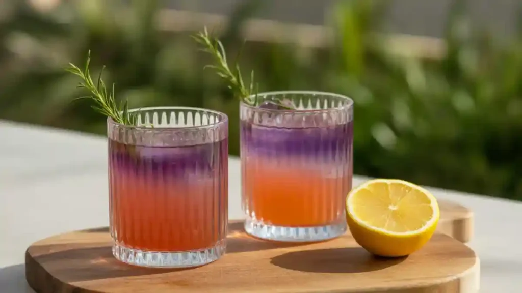 Two gradient orange-purple drinks garnished with rosemary, served on a wooden board with lemon.