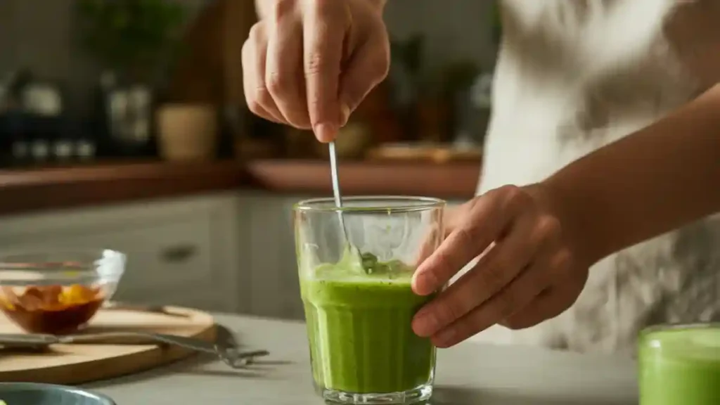 A hand stirring a vibrant green detox drink in a clear glass on a kitchen counter.