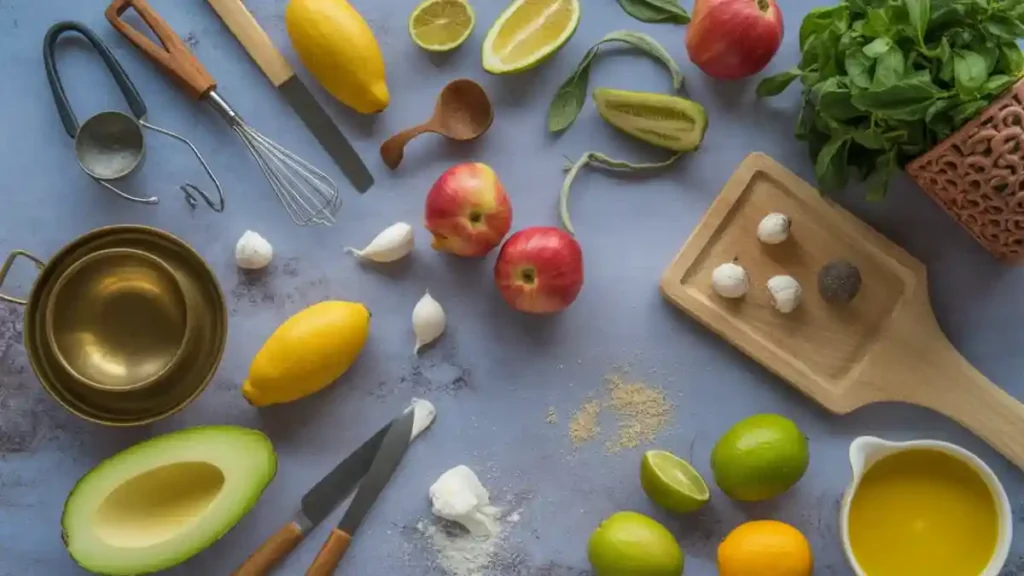 Flat lay of fresh ingredients and kitchen tools: lemons, apples, avocado, herbs, and utensils.