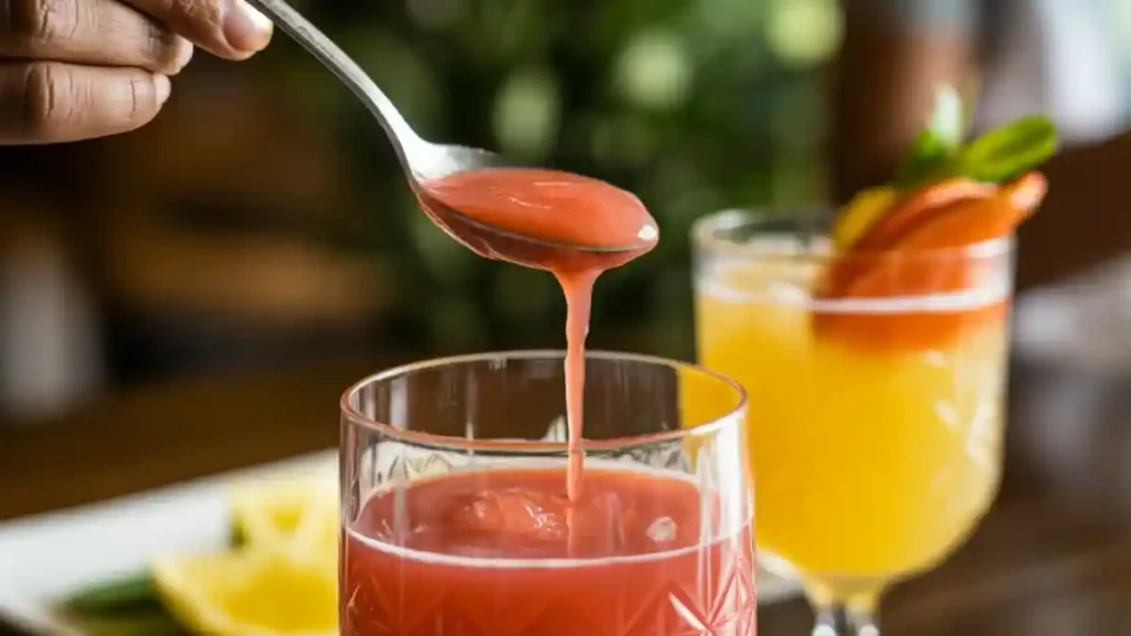 A spoon pouring thick red juice into a glass, with another tropical drink in the background.