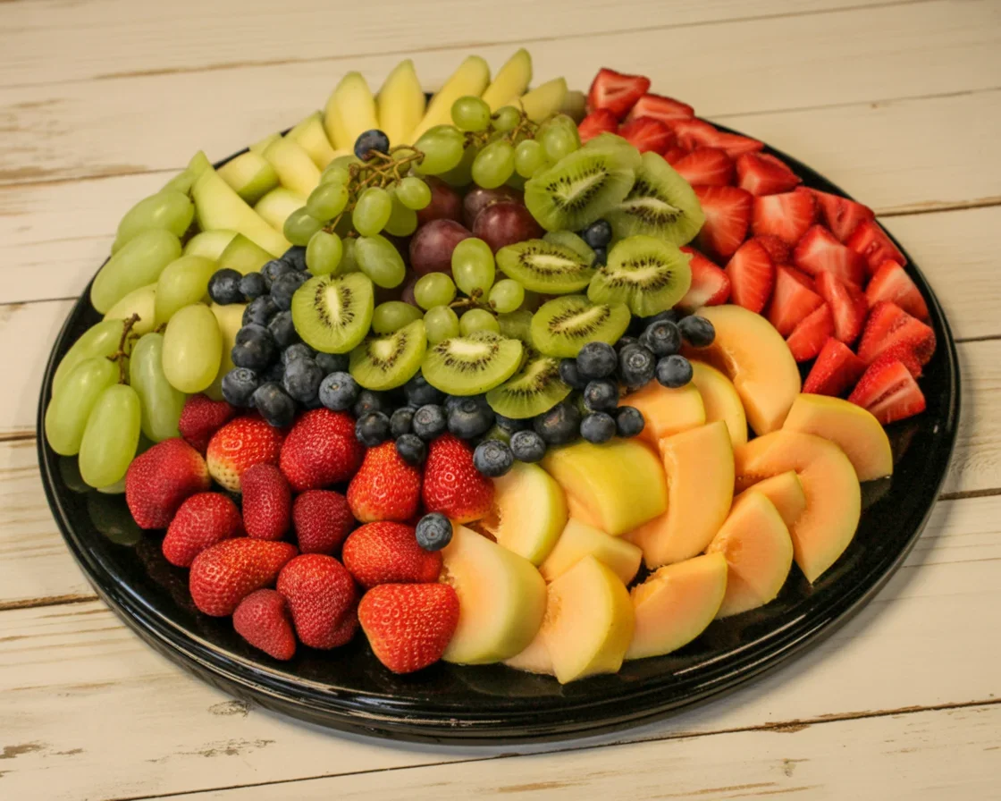 Colorful fruit platter featuring strawberries, grapes, and seasonal fruits ready for any event.