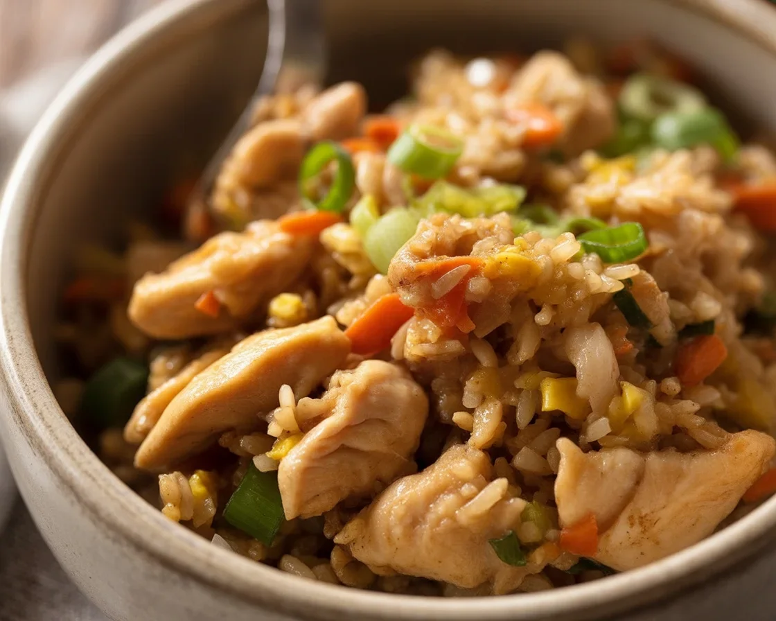 Delicious homemade chicken fried rice with chicken, vegetables, and eggs in one skillet.