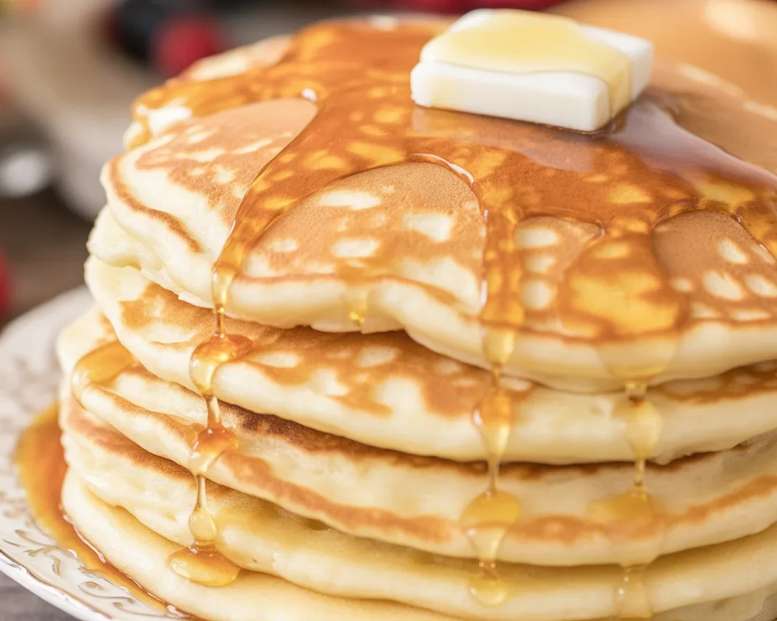 Fluffy buttermilk pancakes stacked on a plate with syrup drizzle.