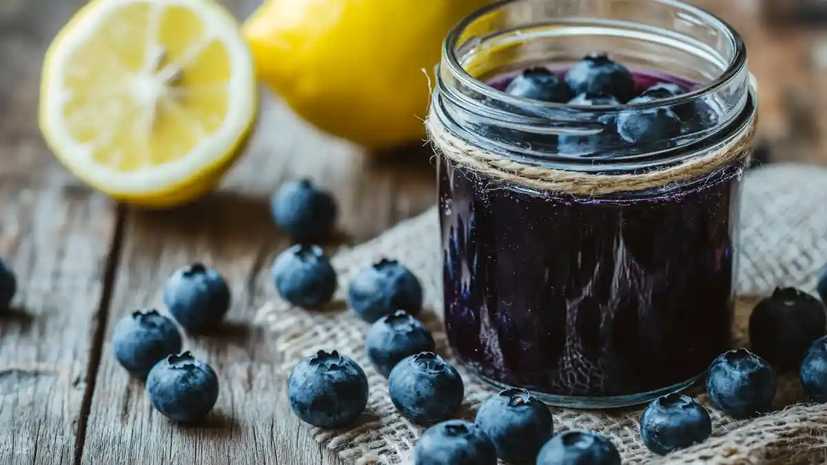 blueberry simple syrup in glass jar
