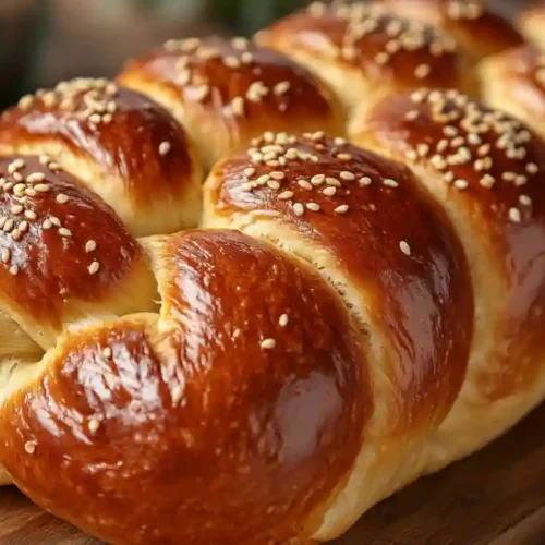 Shiny golden challah bun on rustic wood